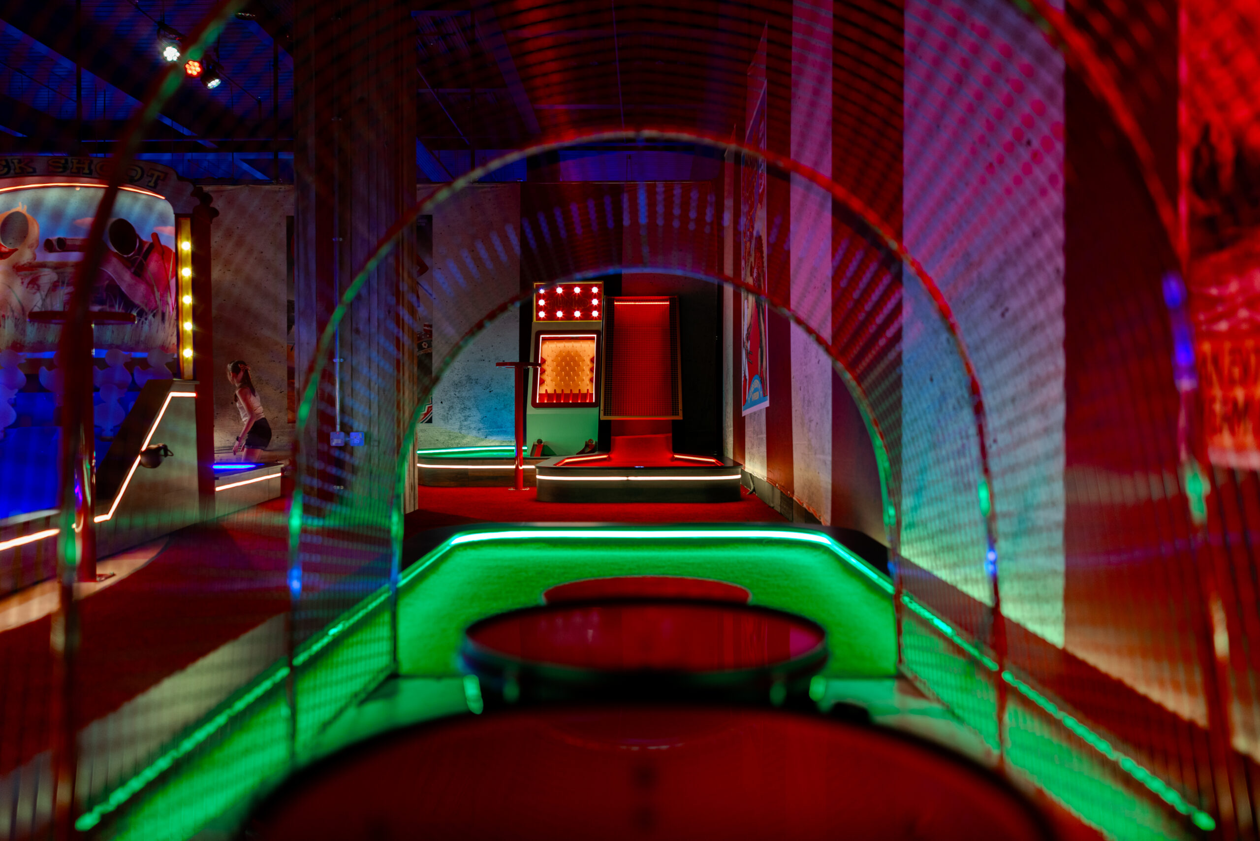 Full view of a themed miniature golf course, showcasing commercial bespoke joinery and custom installation by Driftwood NI