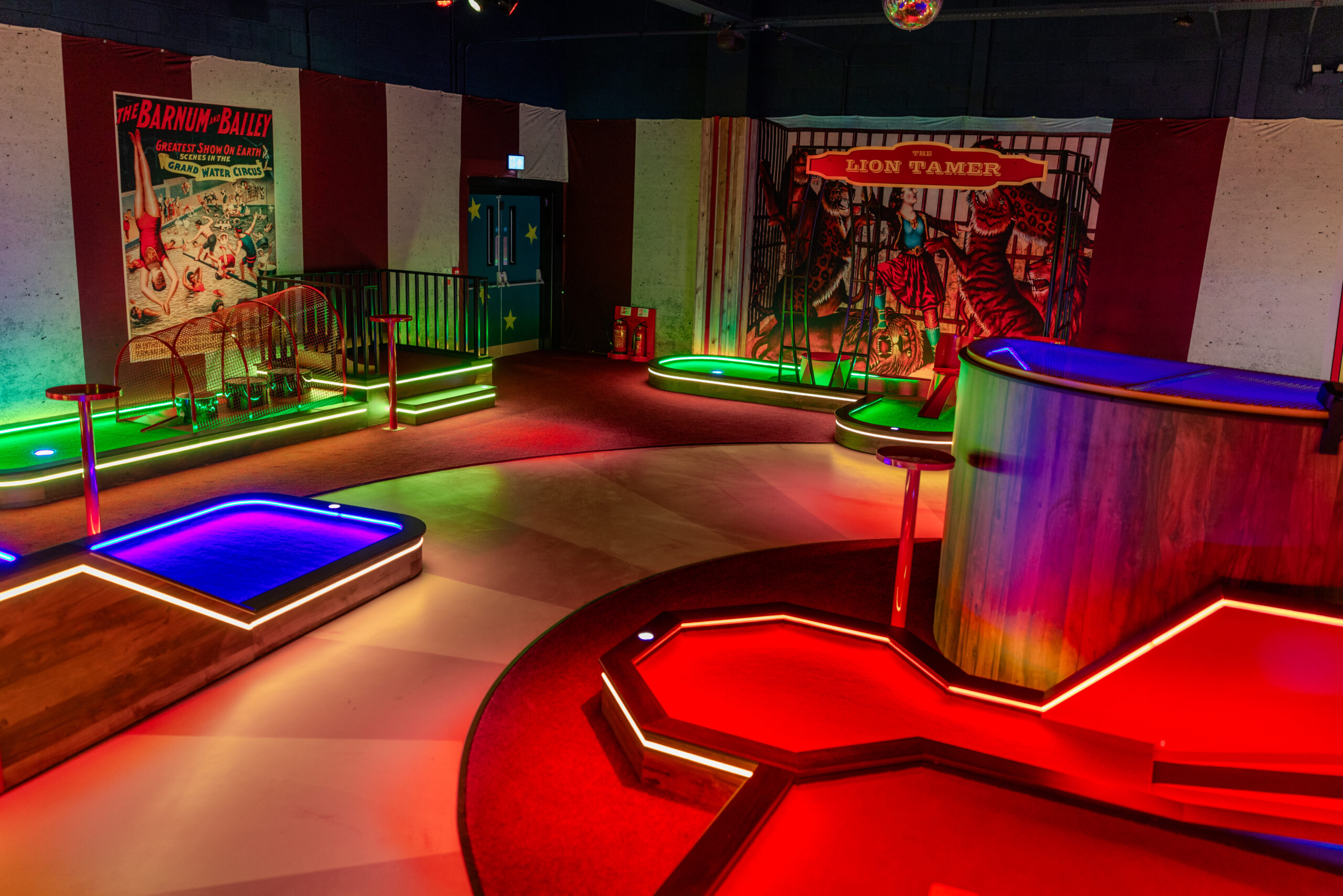 Full view of a themed miniature golf course, showcasing commercial bespoke joinery and custom installation by Driftwood NI