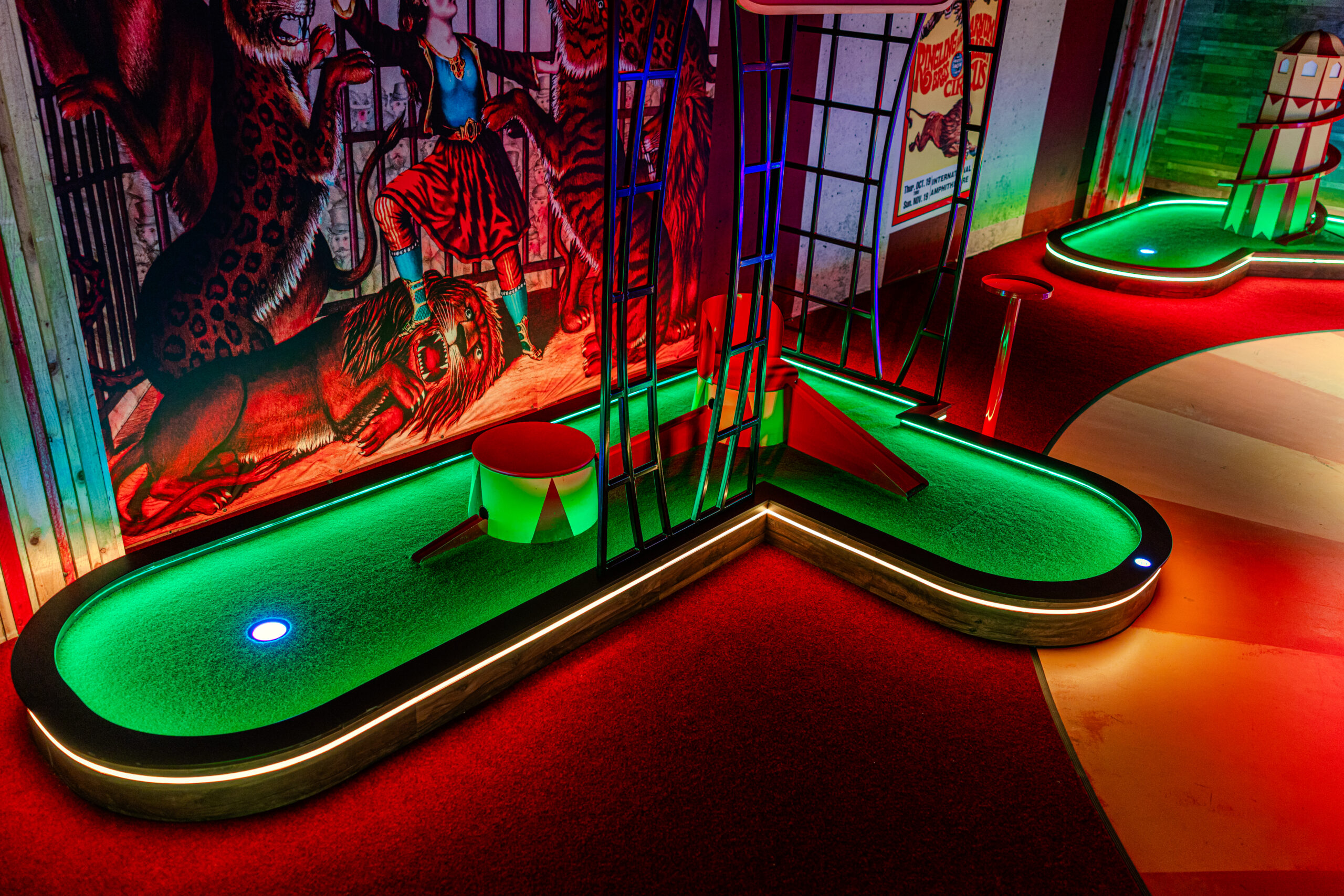 Full view of a themed miniature golf course, showcasing commercial bespoke joinery and custom installation by Driftwood NI