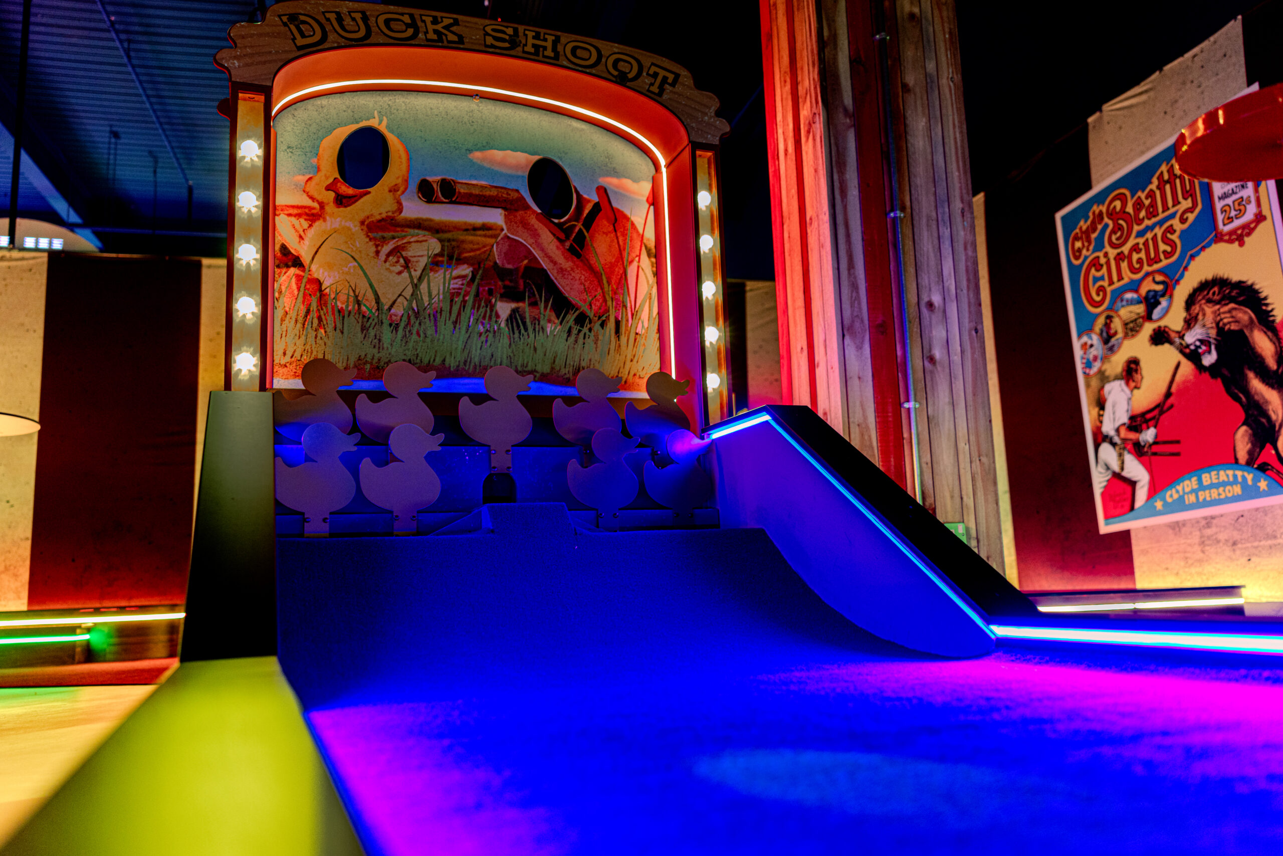 Full view of a themed miniature golf course, showcasing commercial bespoke joinery and custom installation by Driftwood NI