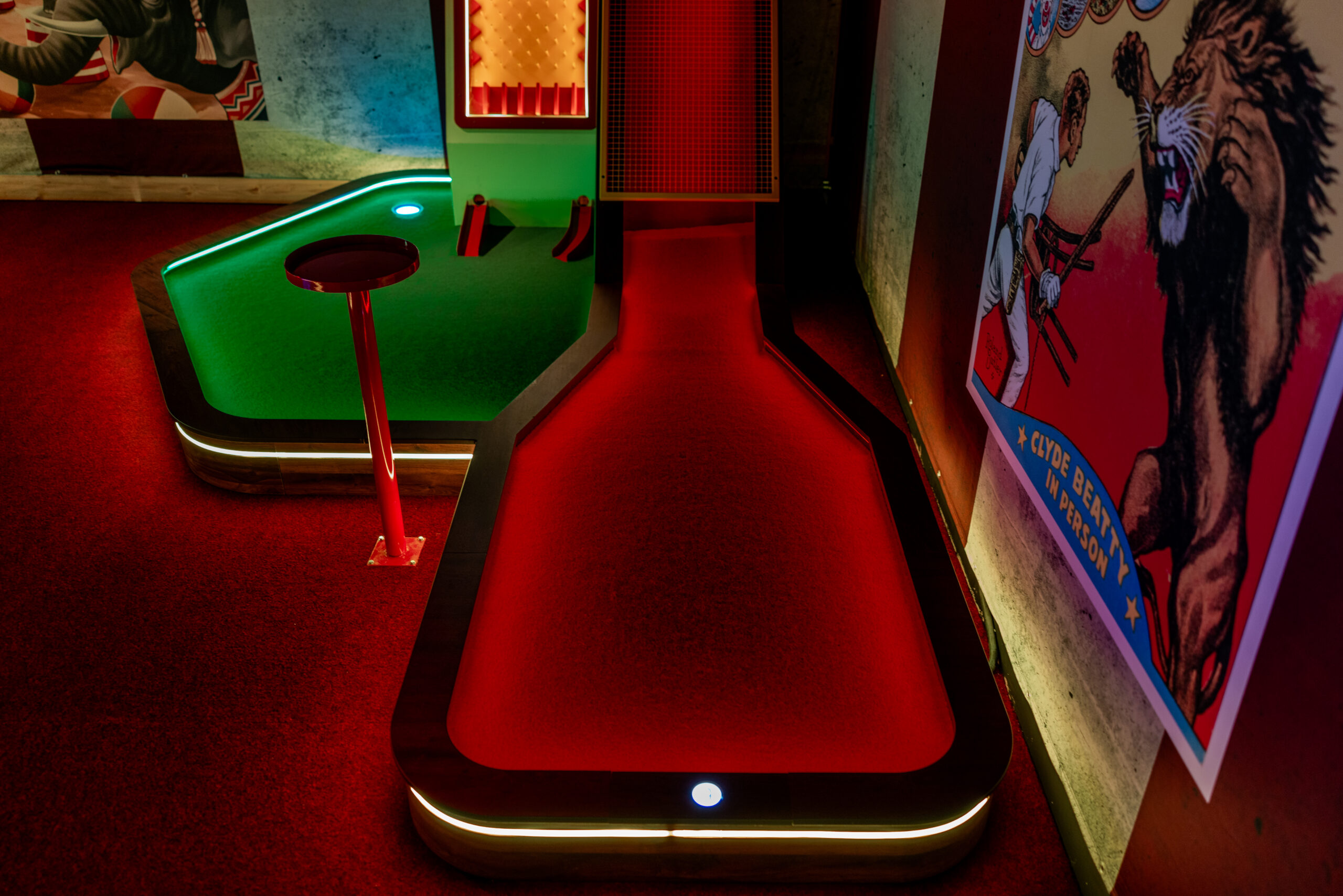 Full view of a themed miniature golf course, showcasing commercial bespoke joinery and custom installation by Driftwood NI