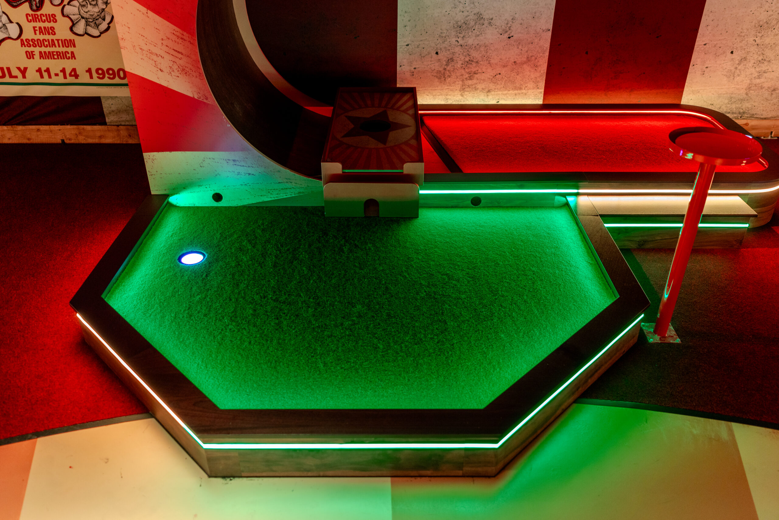 Full view of a themed miniature golf course, showcasing commercial bespoke joinery and custom installation by Driftwood NI