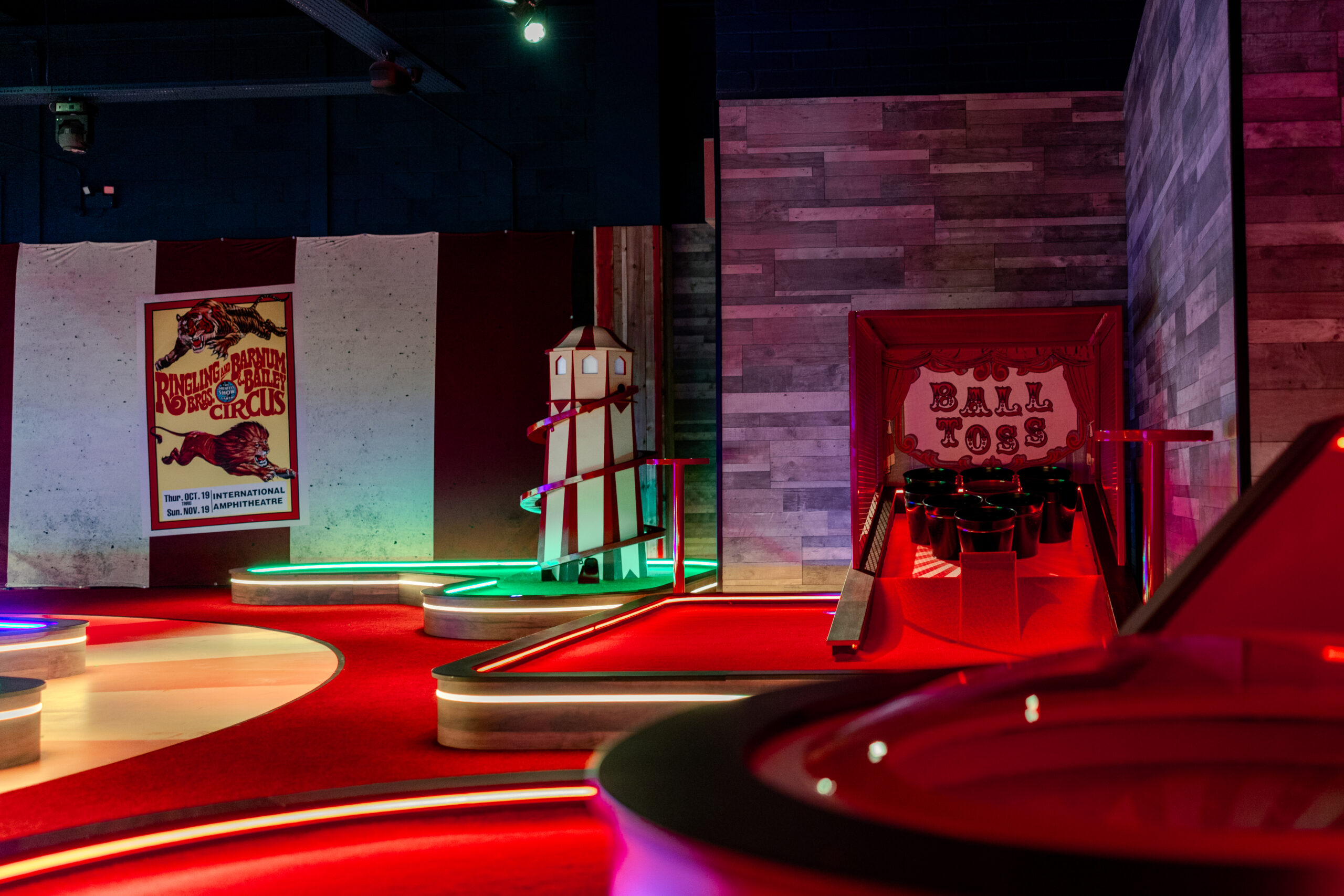 Full view of a themed miniature golf course, showcasing commercial bespoke joinery and custom installation by Driftwood NI