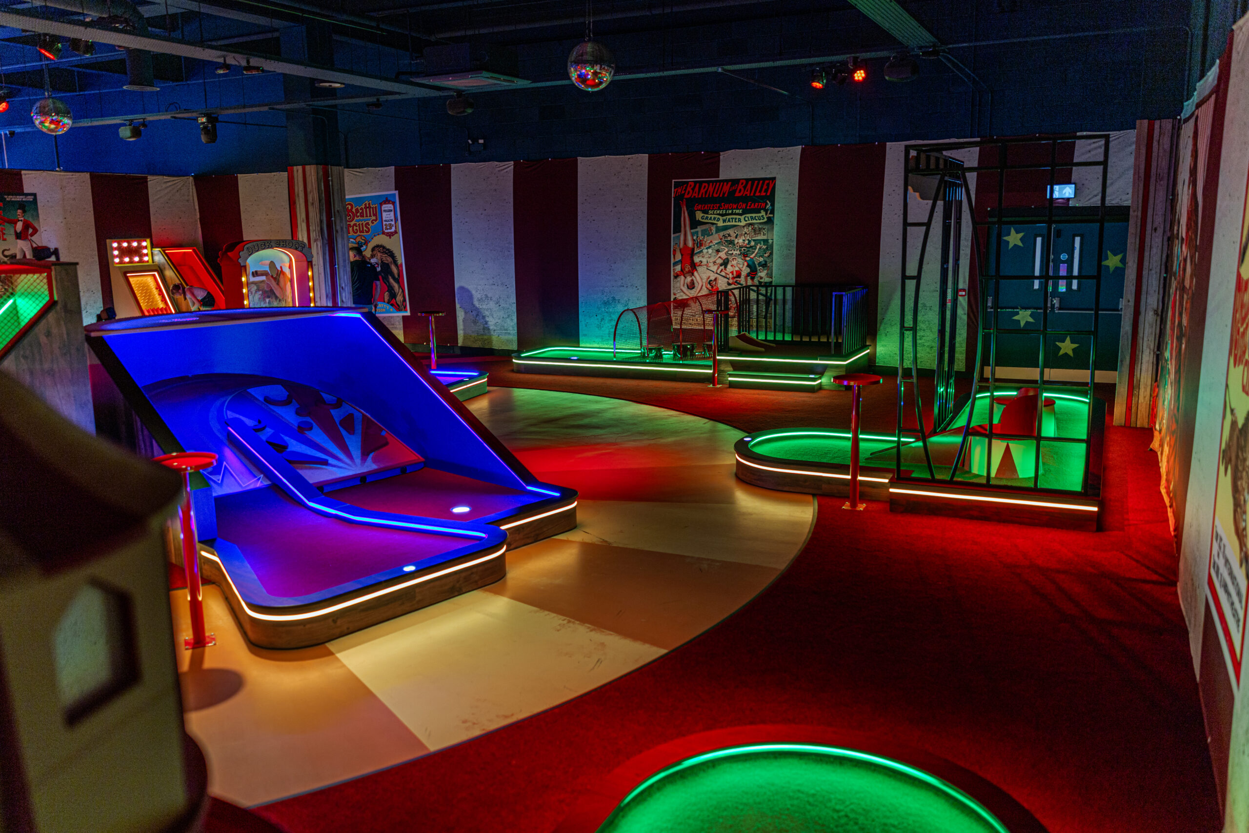 Full view of a themed miniature golf course, showcasing commercial bespoke joinery and custom installation by Driftwood NI