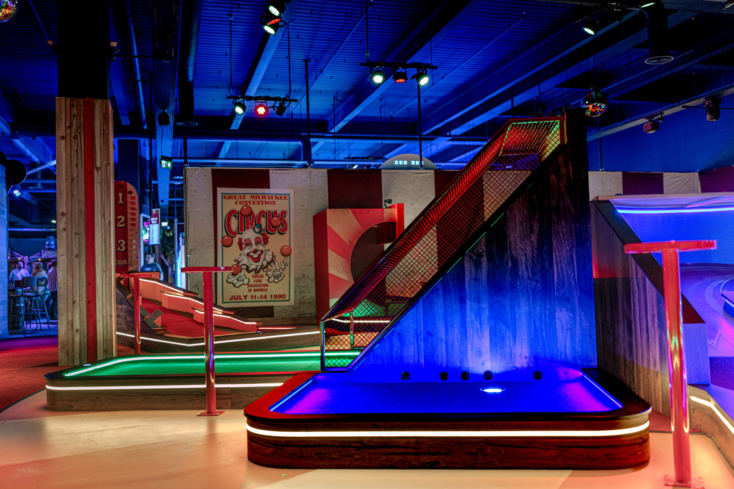 Full view of a themed miniature golf course, showcasing commercial bespoke joinery and custom installation by Driftwood NI