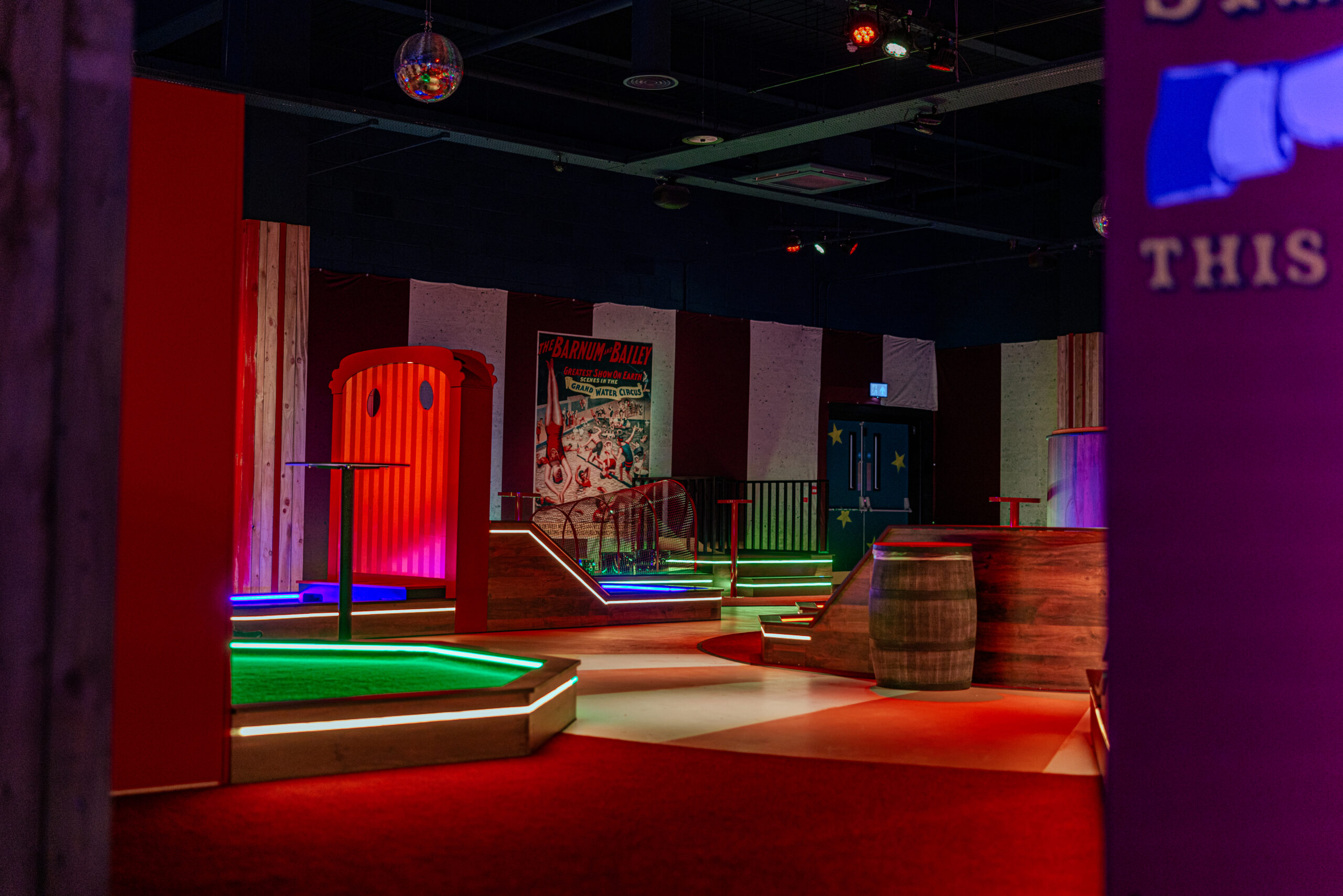 Full view of a themed miniature golf course, showcasing commercial bespoke joinery and custom installation by Driftwood NI